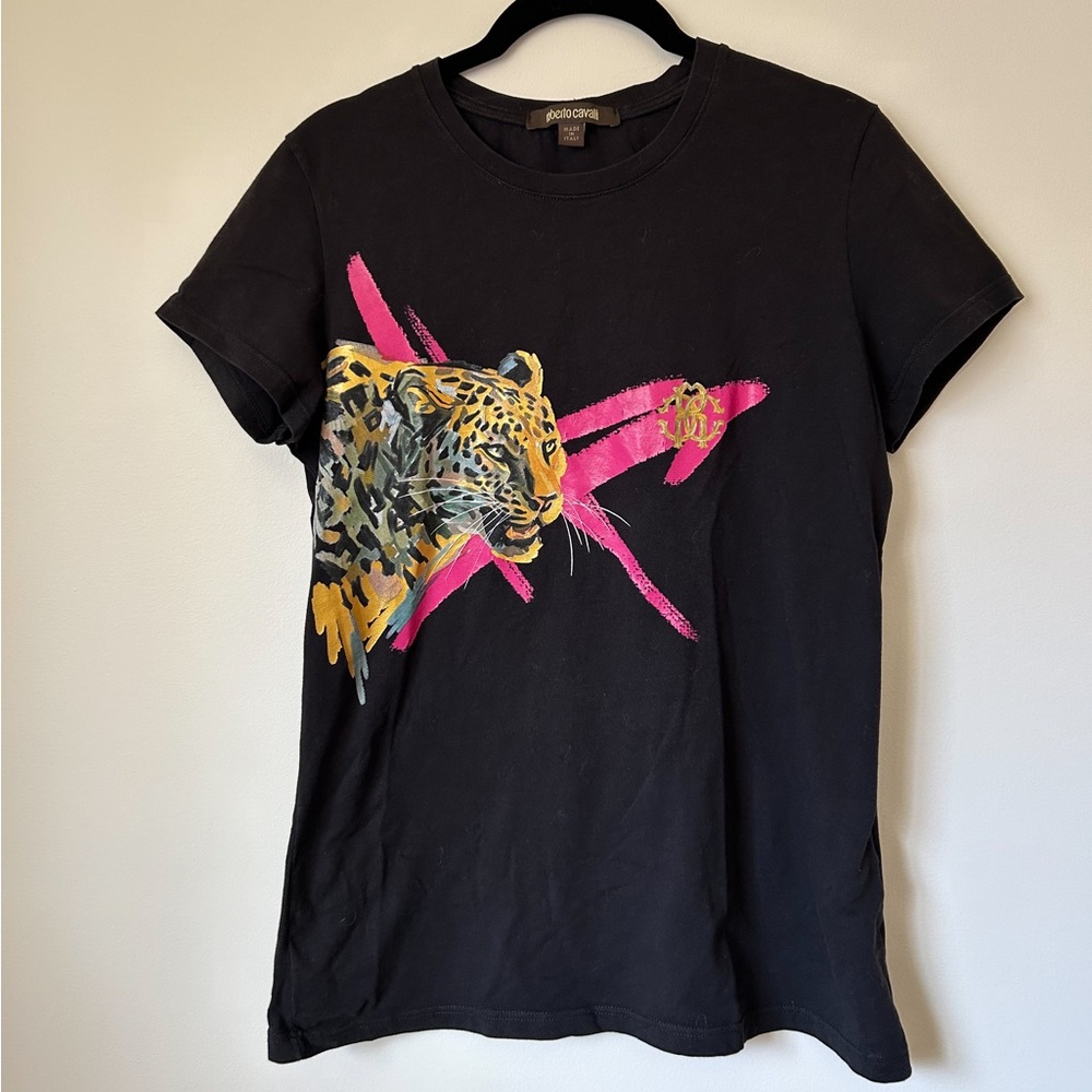 Authentic Roberto Cavelli Tee Shirt with Tiger Graphic Print Like New Size L